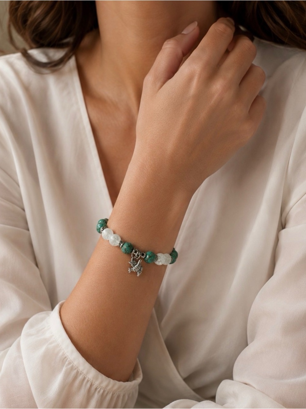 Lava, Turquoise and White Quartz Bracelet with Silver Accents